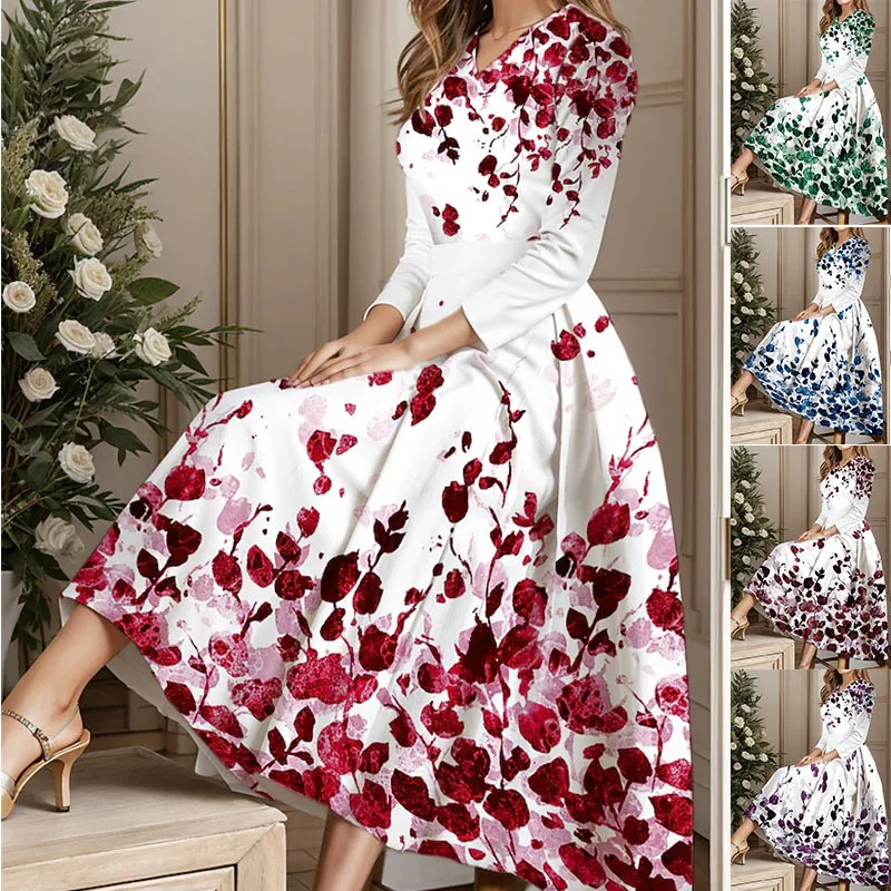 

Autumn Winter Floral Print Vintage Long Dress Women's Long Sleeve V-neck Elegant Dresses Party Casual Evening Dress Women