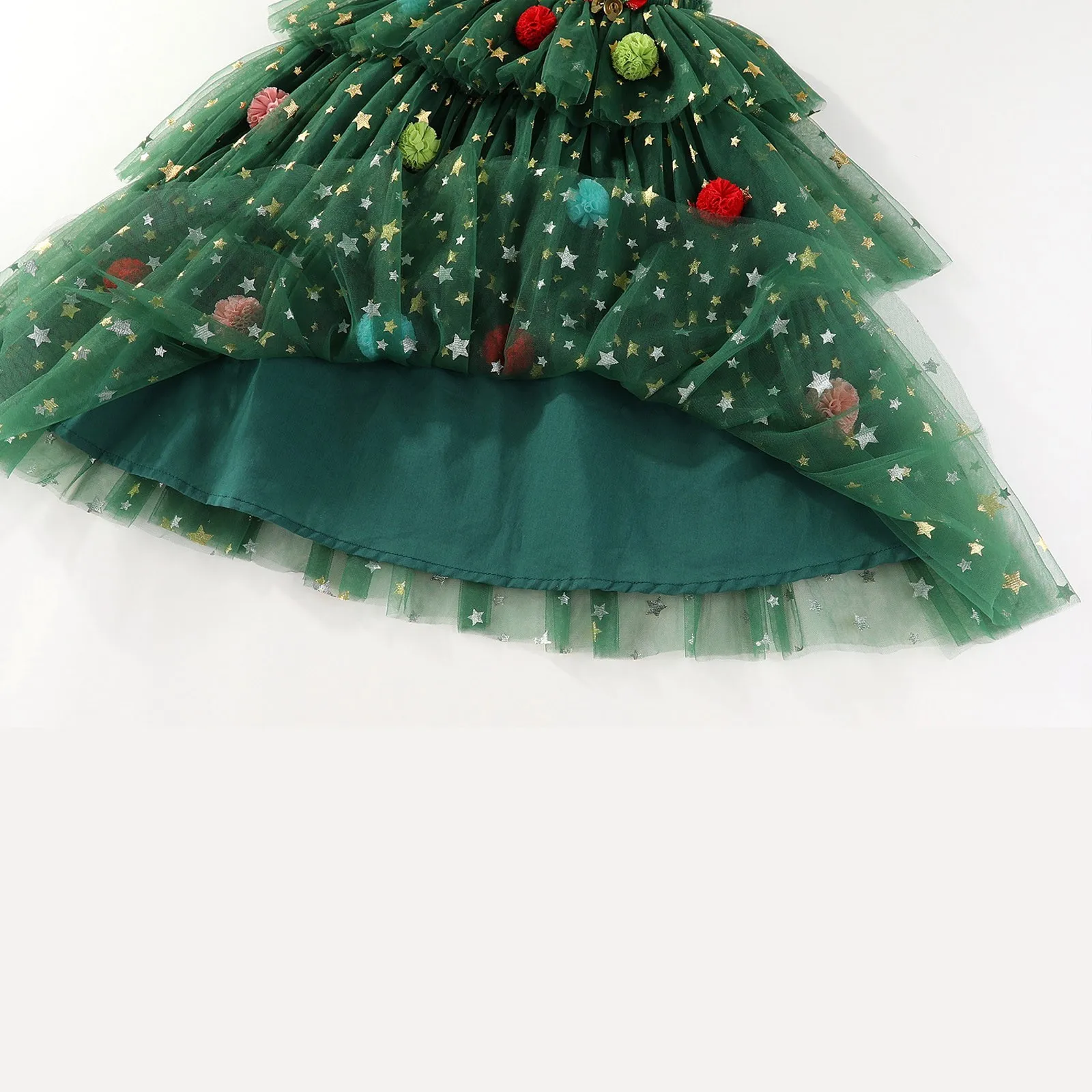 Christmas Costume Kids Girls Green Dress Sleeveless Stars Sequin Layered Tulle Dress Plush Ball Hat Baby Cake Xmas Tree Clothes