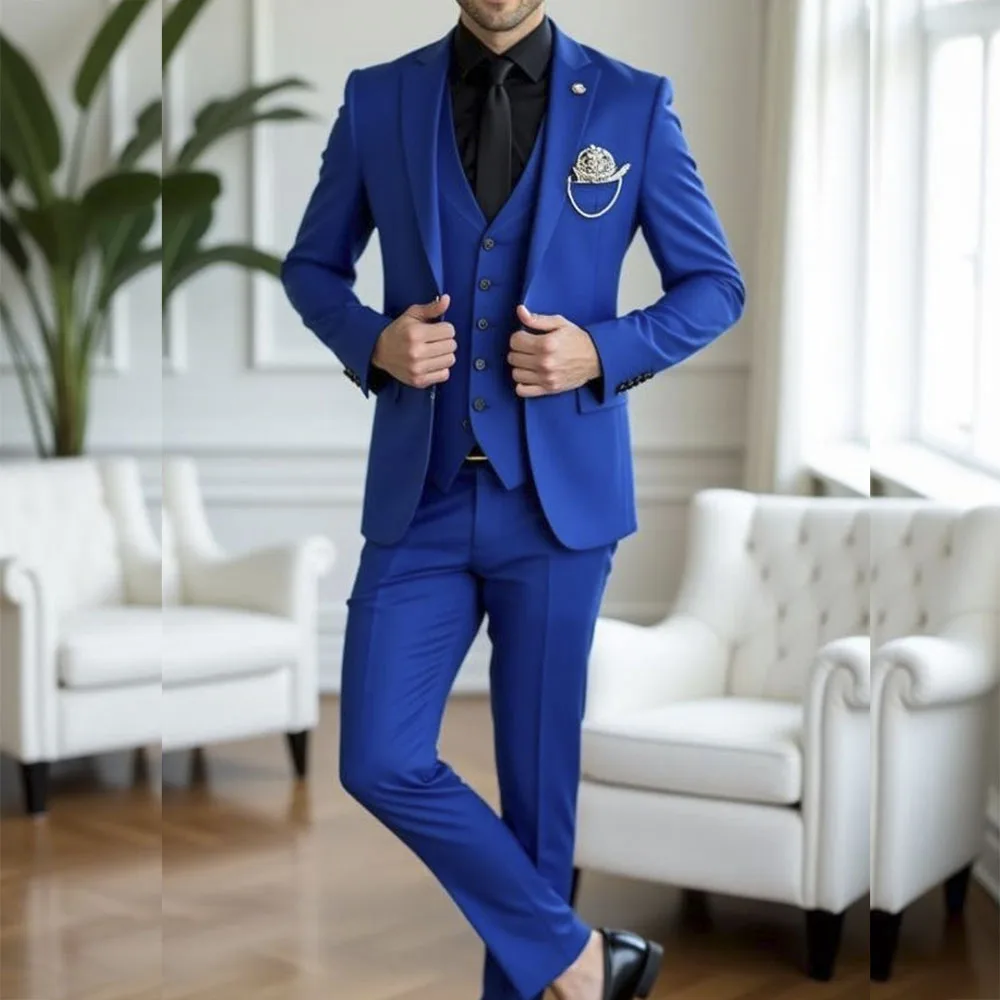 

Мужские костюмы Slim Fit из трех предметов, синие однобортные обтягивающие мужские костюмы с лацканами, элегантная свадебная куртка, брюки, жилет, костюм2025