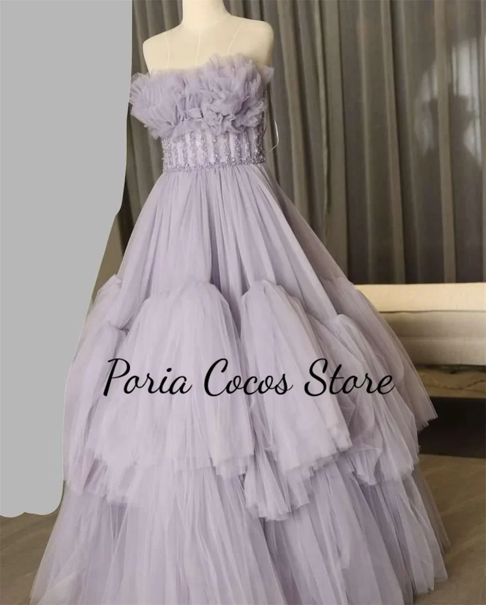 Customized Prom Gown for Women A-line Tiered Tulle Gorgeous Strapless Sleeveless Floor-Length Evening Party Dresses فساتين للحفل