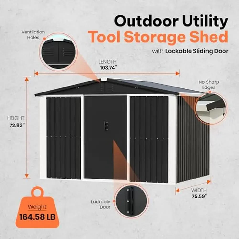 Outdoor Tool Storage Shed Lockable Sliding Doors Sloped Roof Ventilation Steel Frame 6x8ft Capacity Black