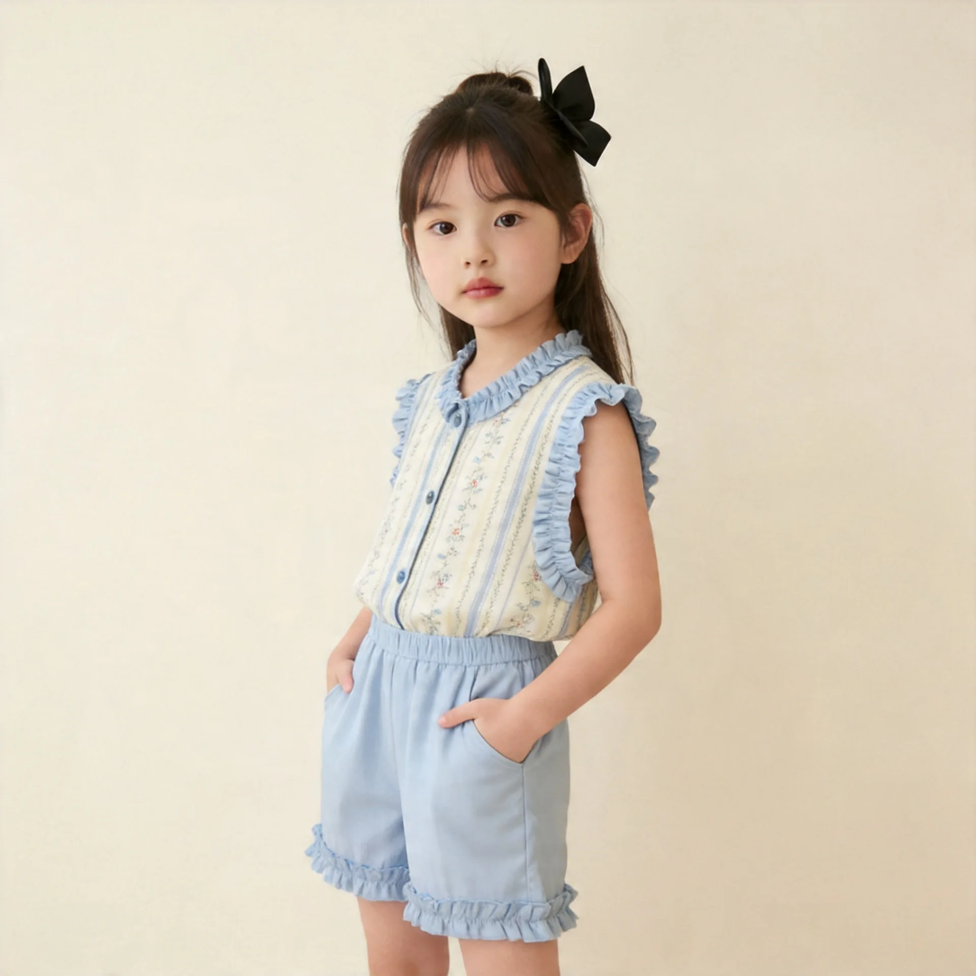 Conjunto Fresco de Verano Estilo Costero para Niñas 2026, Estilo Sal Marina, Fresco y Relajante, Corte Holgado Informal, Versátil para Combinar