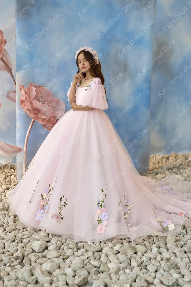 

Flower Girl Dress For Wedding Puffy Applique Tulle Beading Peals Princess Elegant Child First Eucharistic Birthday Party Dress