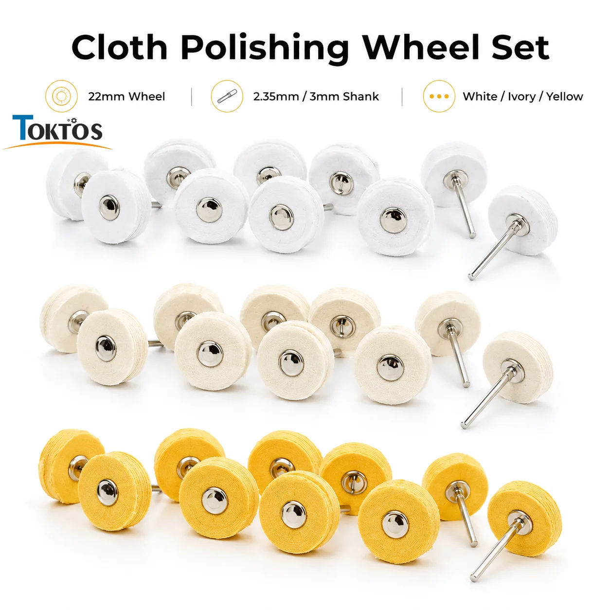 22mm Cloth Polishing Wheel 2.35mm 3mm Shank White Yellow Ivory Mounted Buffing Wheels for Jewelry Metal Finishing