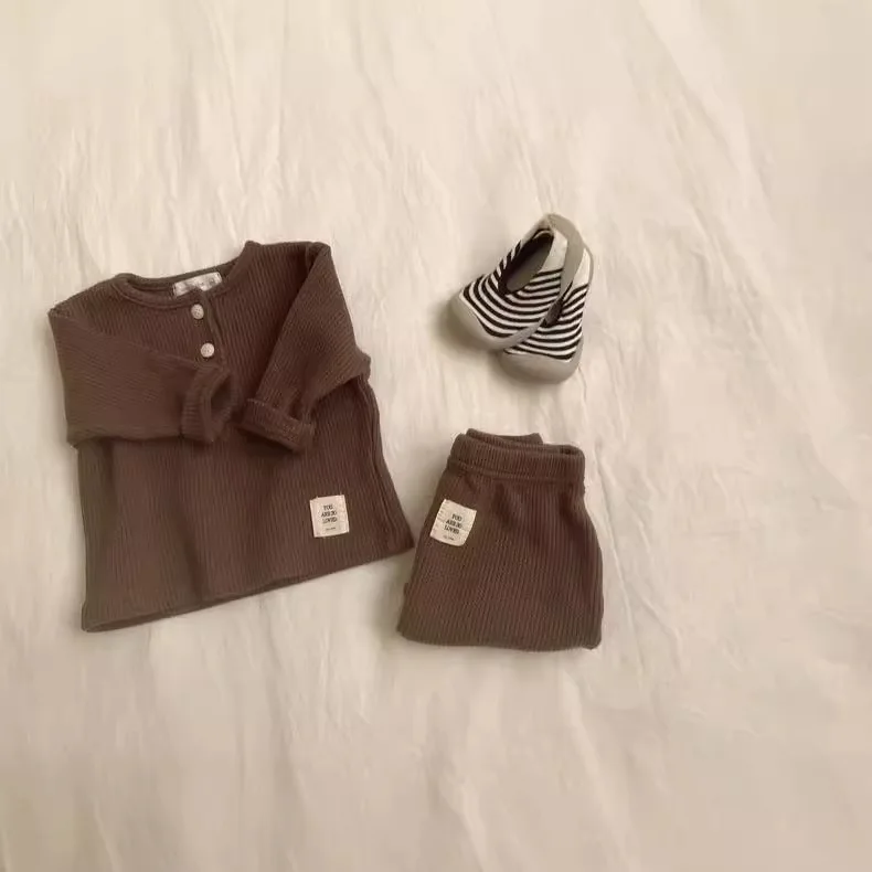 2024 Herfst Nieuwe Baby Lange Mouw Huiskleding Set Baby Jongen Meisjes Effen Casual 2 Stuks Pak Katoen Veelzijdige Kids Peuter Outfits