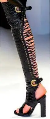 

Fashion Women Black Gray Leather Gladiator Cross Tied Over The Knee Boots Open Toe Metal Circles Hollow Block Heel Long Boots