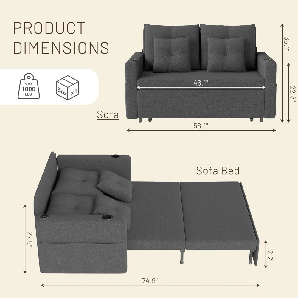 Sofá-cama 3 em 1, sofá removível conversível de 56 polegadas, sofá-cama com porta-copos, USB, sofás para sala de estar