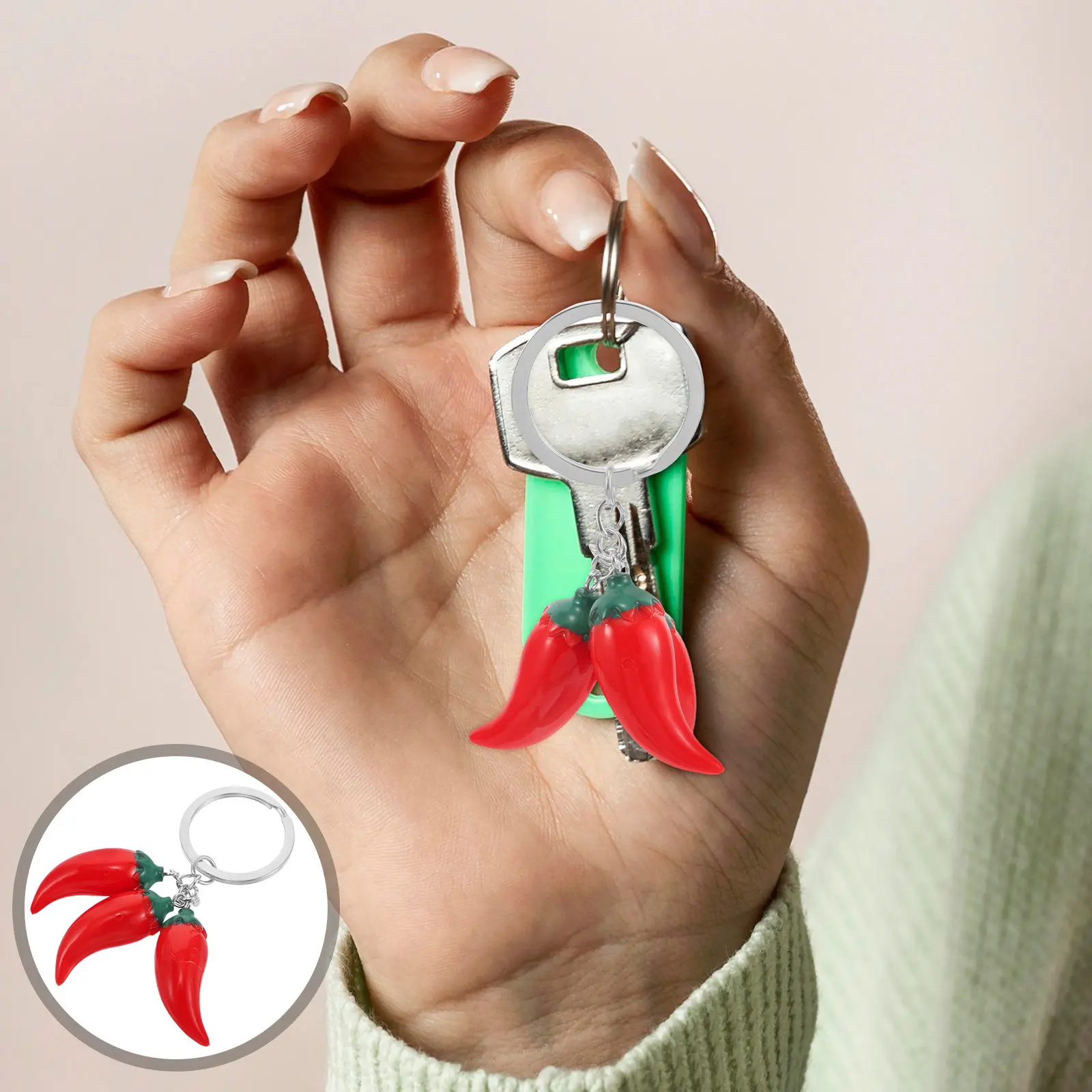 2Pcs Red Chili Pepper Keychain Realistic Simulation Food Vegetable Key Ring Pendant Creative Decorative Keychain Charm for Gifts