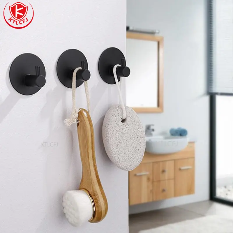 Adhesive Robe Hooks Black 304 Stainless Steel Bath Towel Hook Robe Hook Wall Hanger Bathroom Accessory Organizer Clothes Rack