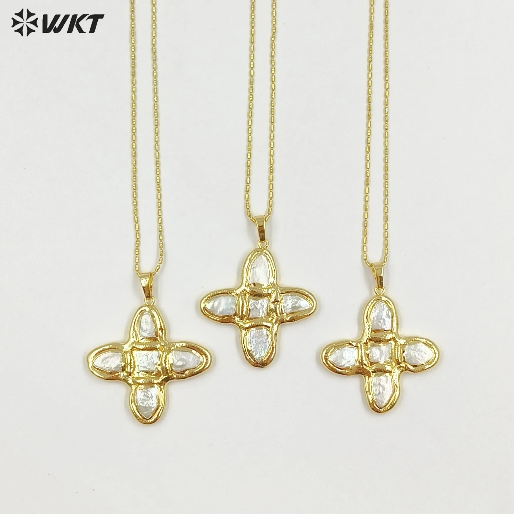 

WT-JN340 Top Fashion Gold Plated Boutique Jewelry Five Natural Freshwater Pearls Cross Necklace As Women Anniversary Gift