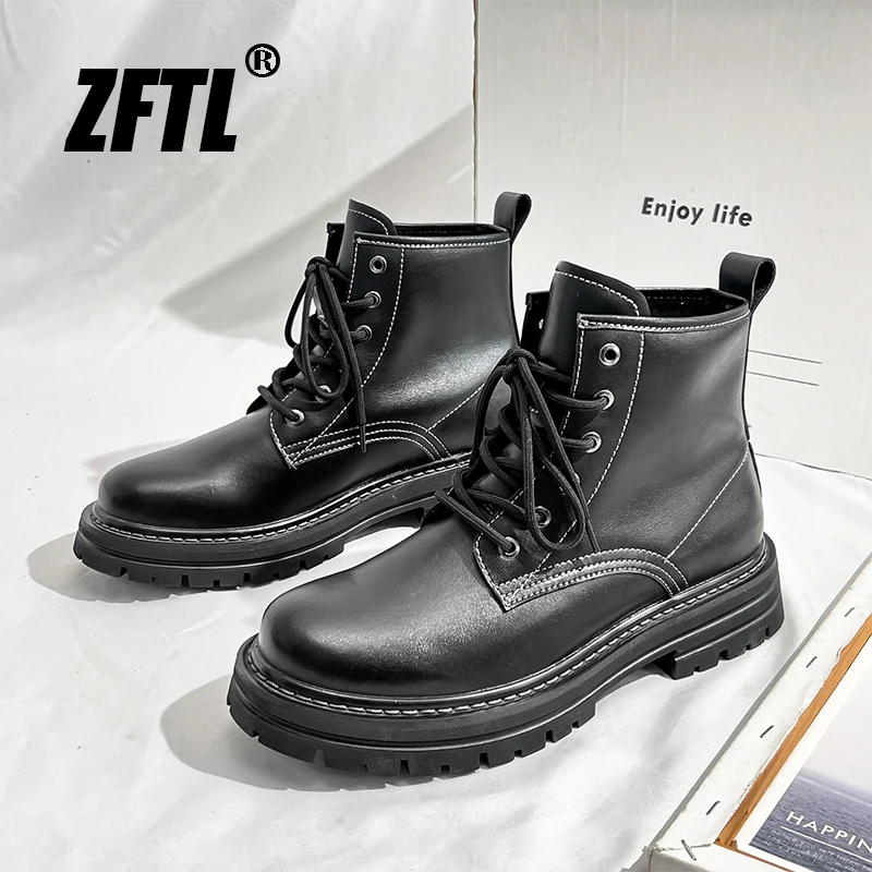 ZFTL Men\'s Chelsea Boots Man Casual Lace up Ankle Boots Male Cowhide Biker Leather Boots Workwear boots 2023 British Style Black