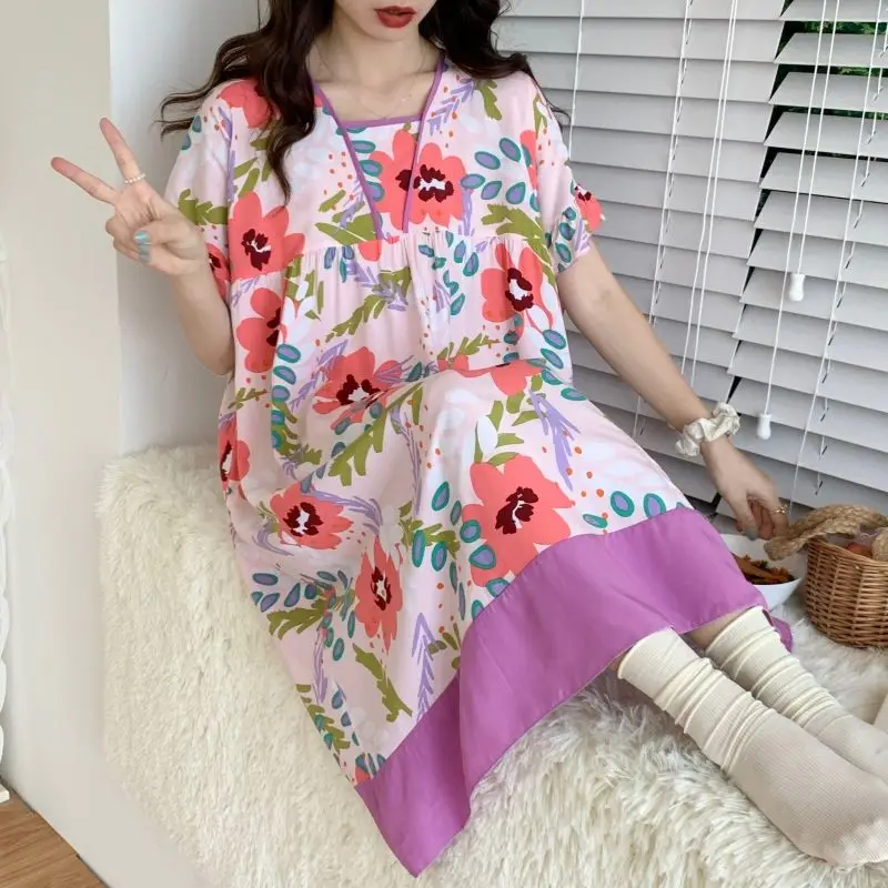 Summer Princess Style Women Pajamas Dress Female Floral Print Short Sleeves Long Nightgowns Sweet Cute Casual Look Home Clothing