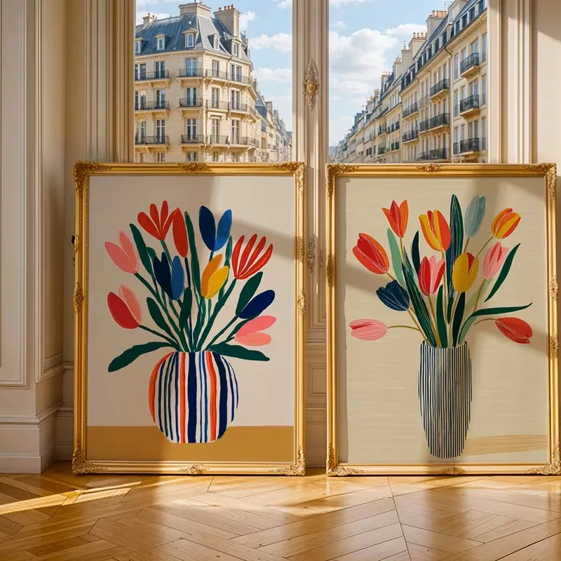 Plant Print Tulip 2PCS Canvas Poster Art Wall Painting Retro Poster Suitable Living Room Decoration