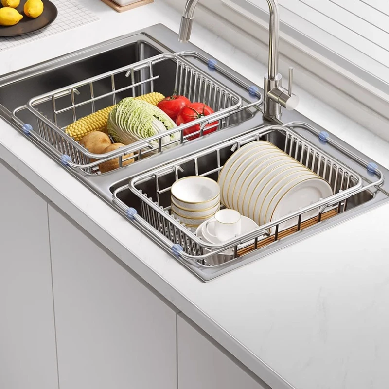 Stainless Steel Sink Drainer Basket Multi-Functional Plate Organizer Kitchen Dish Drying Rack Over-The-Sink Vegetable Washer