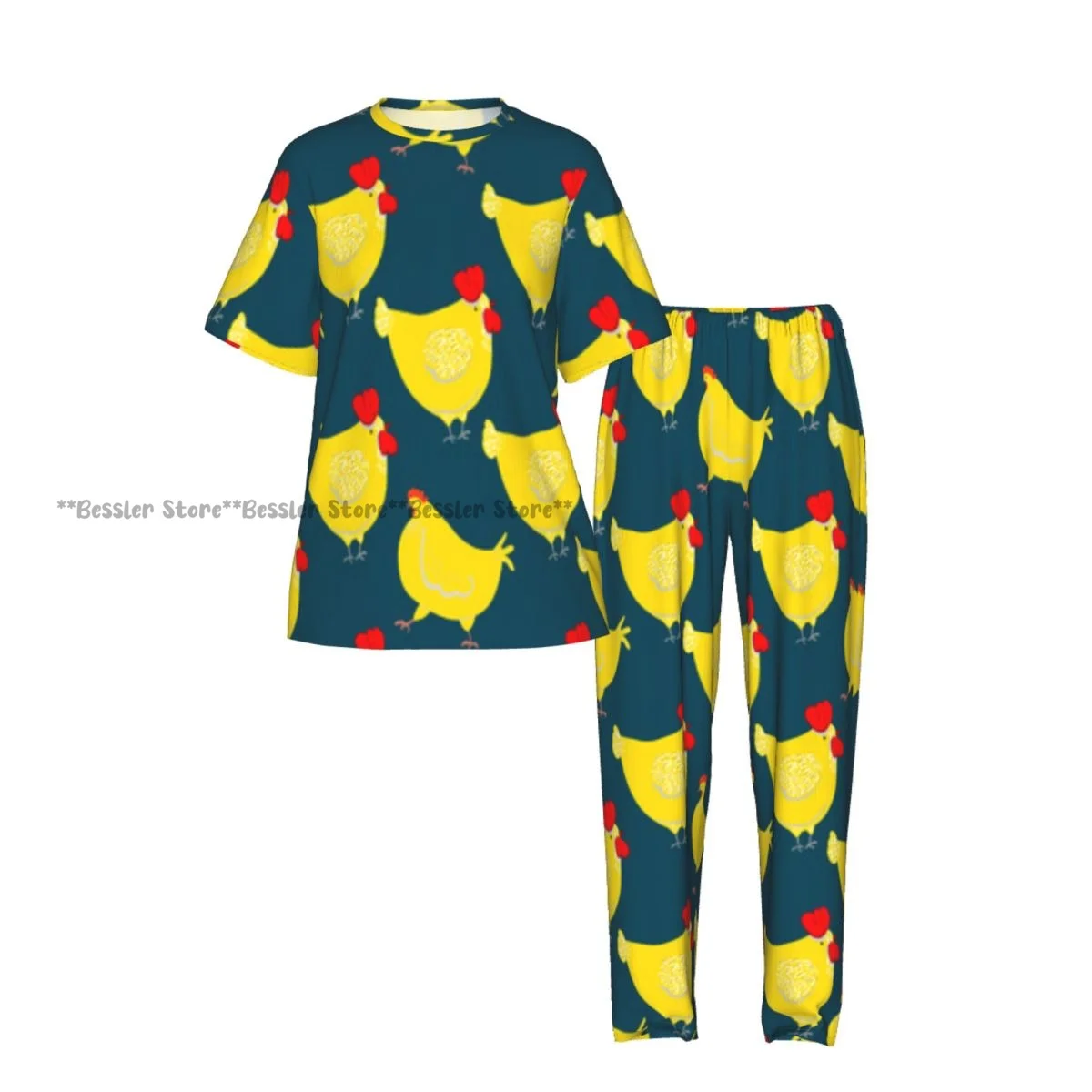 Hen Cartoon Character Rooster Illustration Pajamas Set Short-sleeved Women Home Clothing