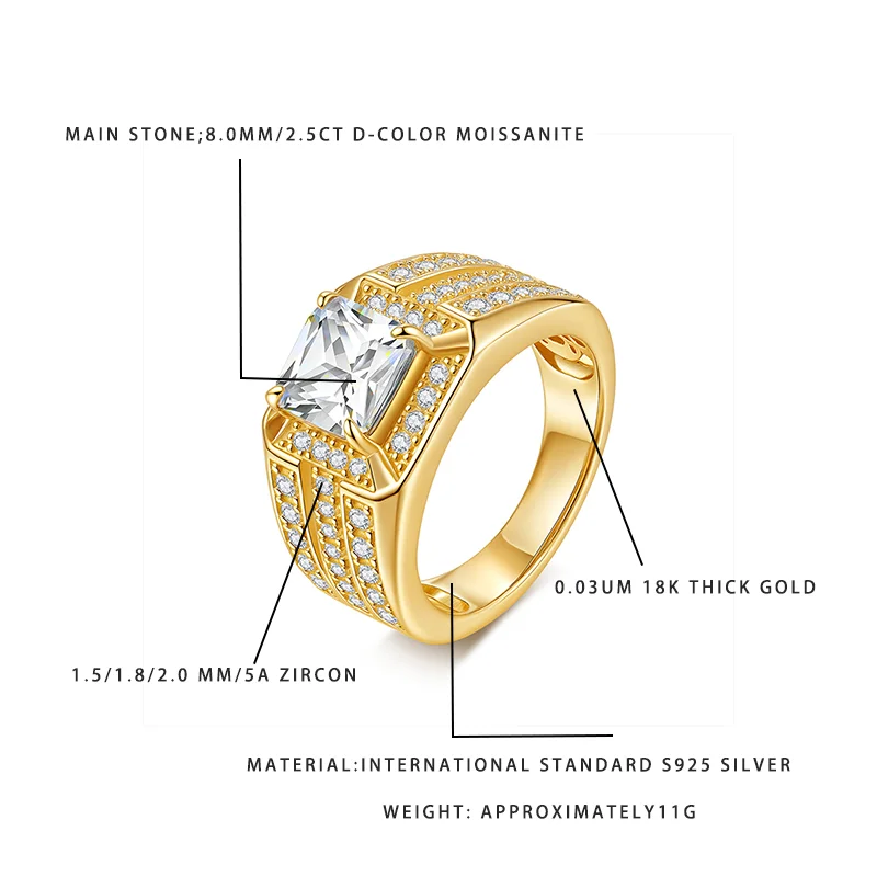 

Мужское кольцо с цирконами 5А и муассанитом 2.5 карата цвета D, позолоченное 18К золотом, из серебра S925, модное ювелирное украшение для мужчин