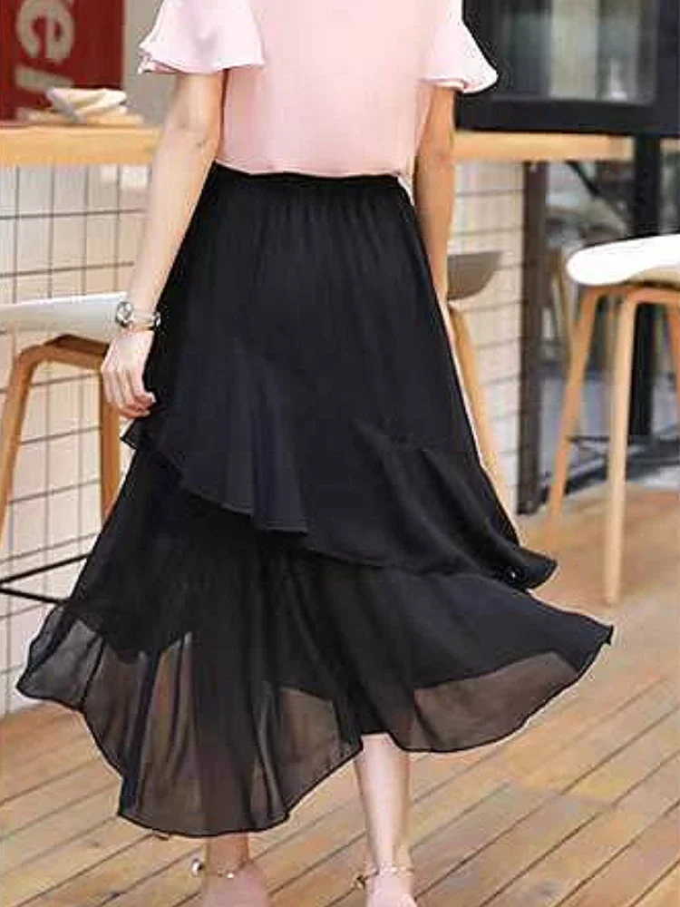 Black Chiffon Skirts Women Gentle Baggy Soft Irregular Design Faldas Temper High Waist Streetwear All-match Office Lady Popular