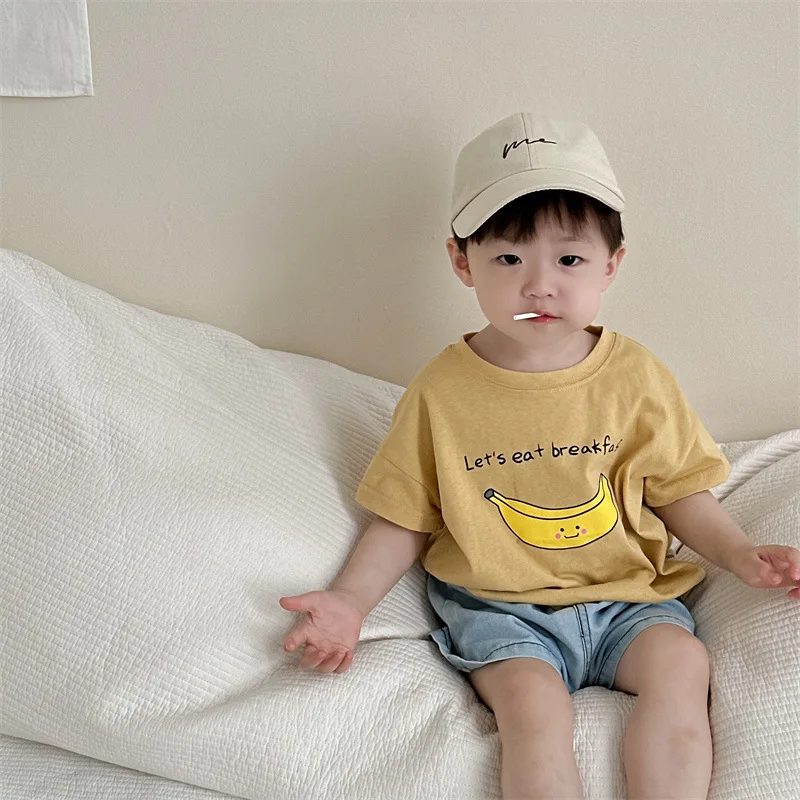 T-shirt Baby Short Sleeved Cowboy Summer Thin Korean Childrens Clothing Baby Round Collar Simple Lovely 2024 Fashion