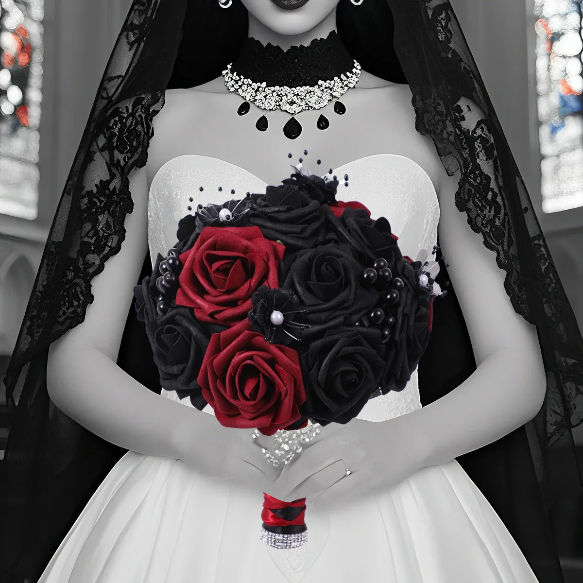 

Yannew Black Burgundy Gothic Bridal Bouquets for Bride Bridesmaids Artifiicial Silk Foam Roses Flower Wedding Bouquet Halloween