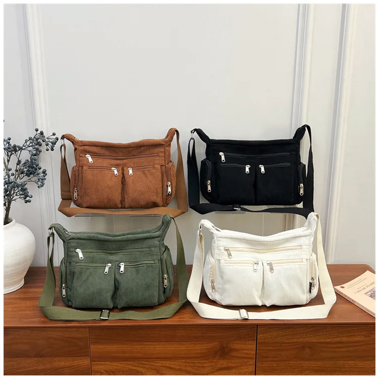 Striped corduroy commuter women's single-shoulder bag, simple and multi-pocket, student hand-carry crossbody bag for class