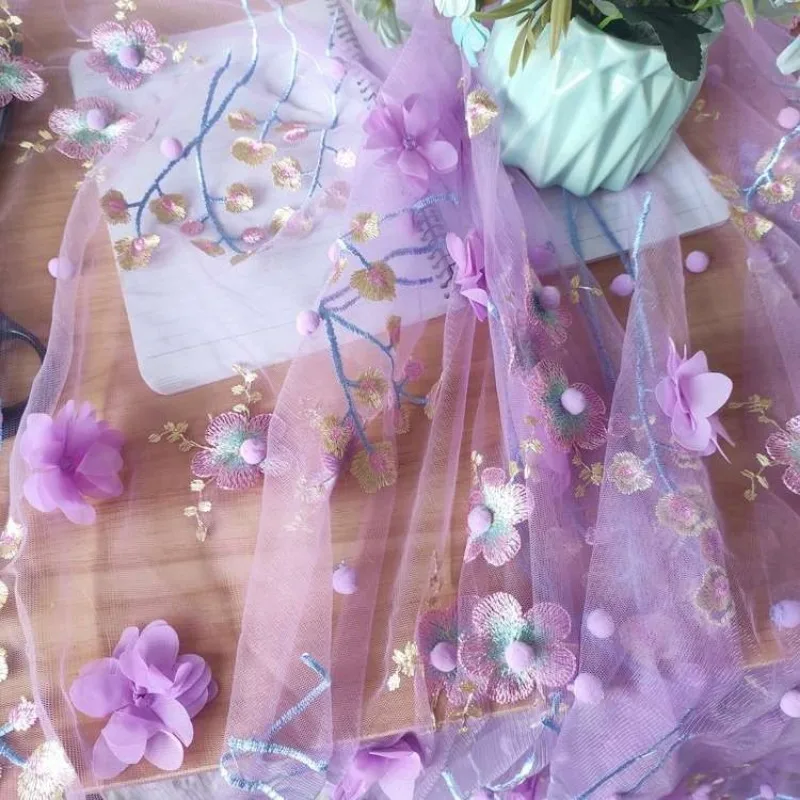 Purple Flower Mesh Fabric DIY Handmade Clothing Material Embroidery Sweet Fairy Dress Fabrics Curtain Tablecloth Accessories Ins