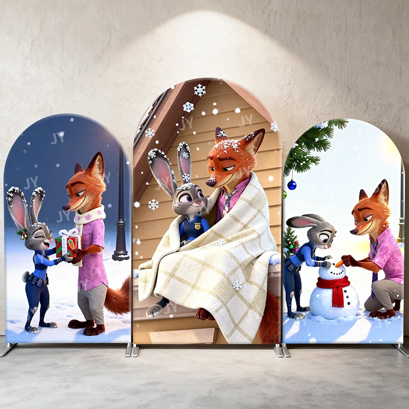 

Zootopia Nick Judy Arch Backdrop Cover Christmas Gift Snowman Scene Cartoon Theme Kids Party Photo Booth Decor Background