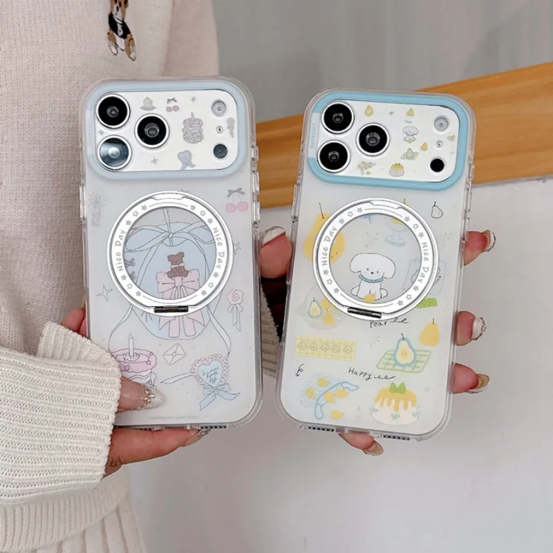 

Korean Cute Bowknot Cake Pear Puppy Phone Case For iPhone 17 Pro 16 15 Pro Max Cover with Stand Shockproof Protective Cases Fund