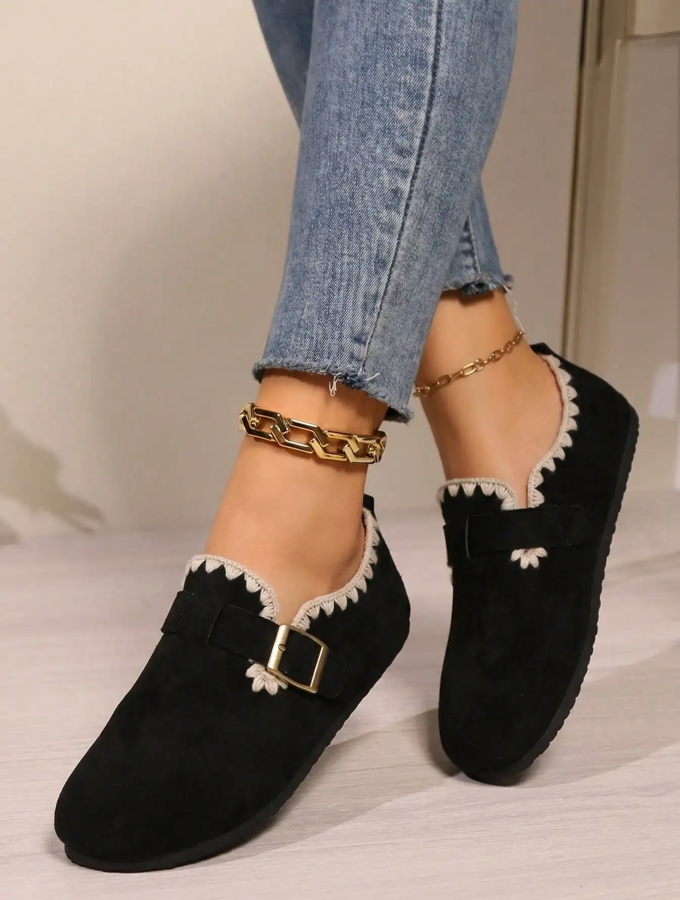 Women Black Suede Mary Jane Flats Crochet Floral Trim Buckle Strap Soft Comfort Casual Walking Shoes