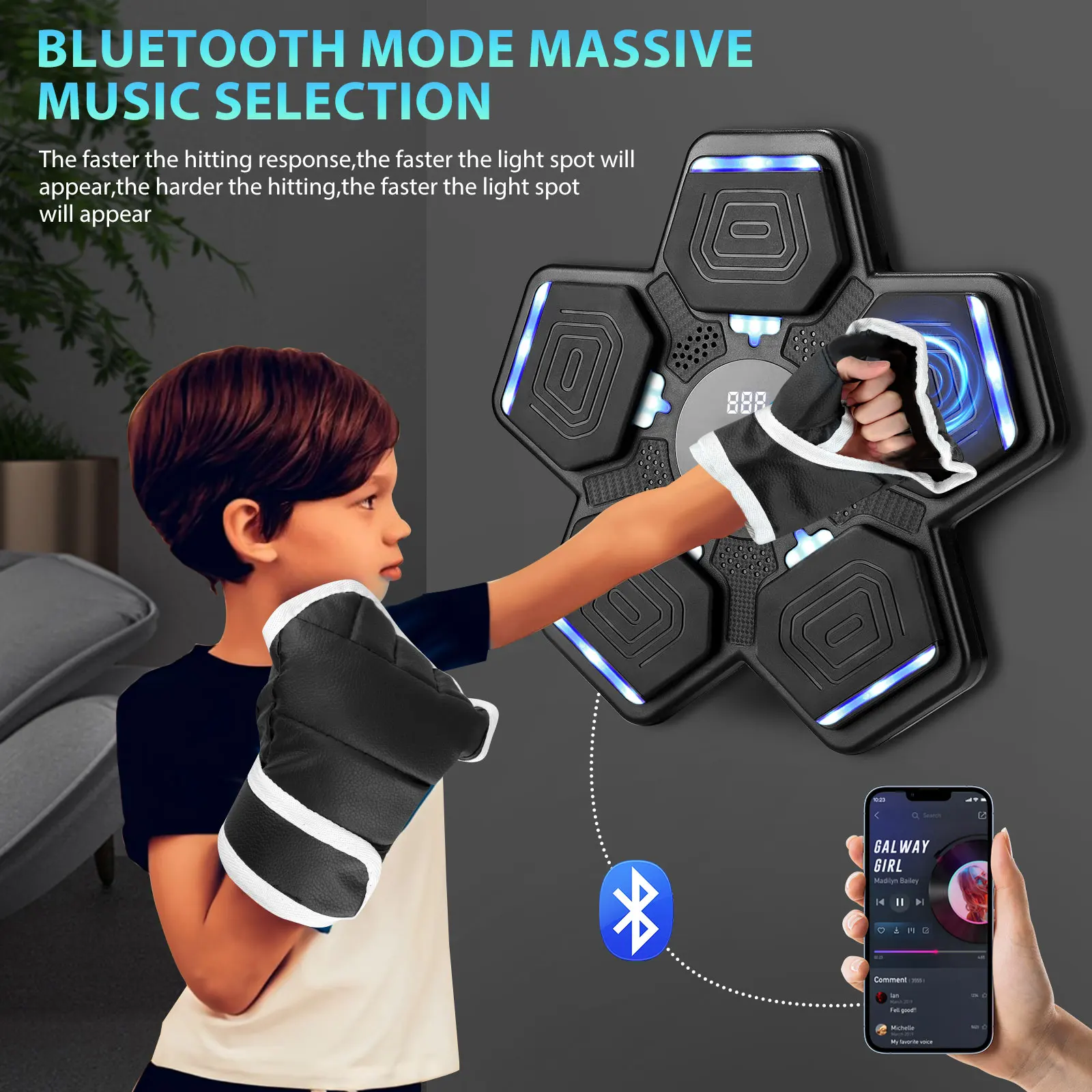 Kids Music Boxing Machine Wall Mounted, Smart Music Boxing Machine With LED Light Bluetooth Music With Boxing Gloves