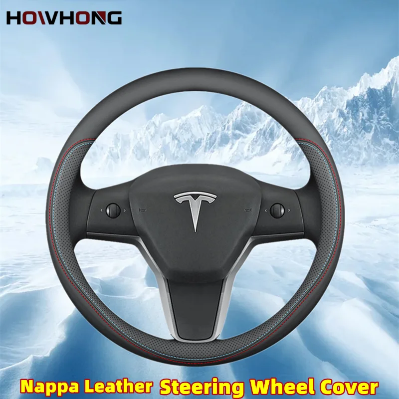 

Steering Wheel Cover For Tesla Model 3 Y S X Nappa Leather 4 Seasons 36-39 CM Diameter Black Car Interior Accessories 2017-2024