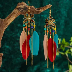 Boho Ethnic Colorful Feather Earring For Women Bohemian Tassel Chain Drop Dangle Earring Girls Elegant Party Jewelry