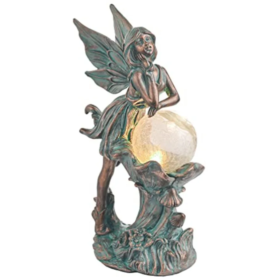 Fairy Garden Statues Outdoor Solar Light for Outdoor Decor, Patina Bronze Fairy Resin Garden Decor Sculptures with Crackle Glas