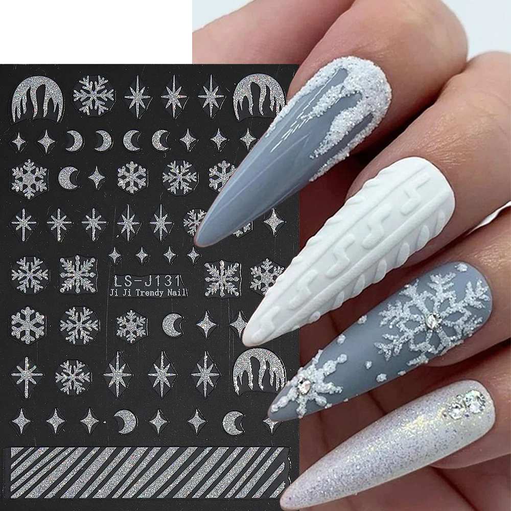 Gold Glitter Powder Snowflake Nail Stickers, 3D auto-adesivo, prata, branco Snowflake, Xmas Manicure Sliders, Star Moon, GLLS-J131