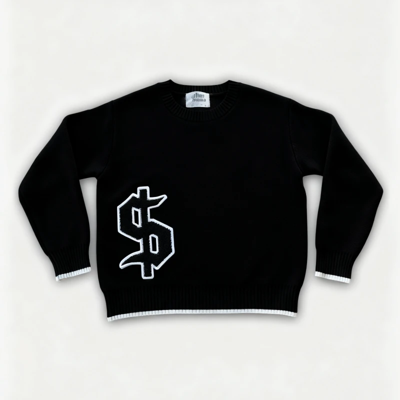 

Y2K Retro Dollar Graphics Embroidered Black Knit Loose Sweater Fashionable Letter Style Unisex Gothic Hip Hop Round Neck Sweater