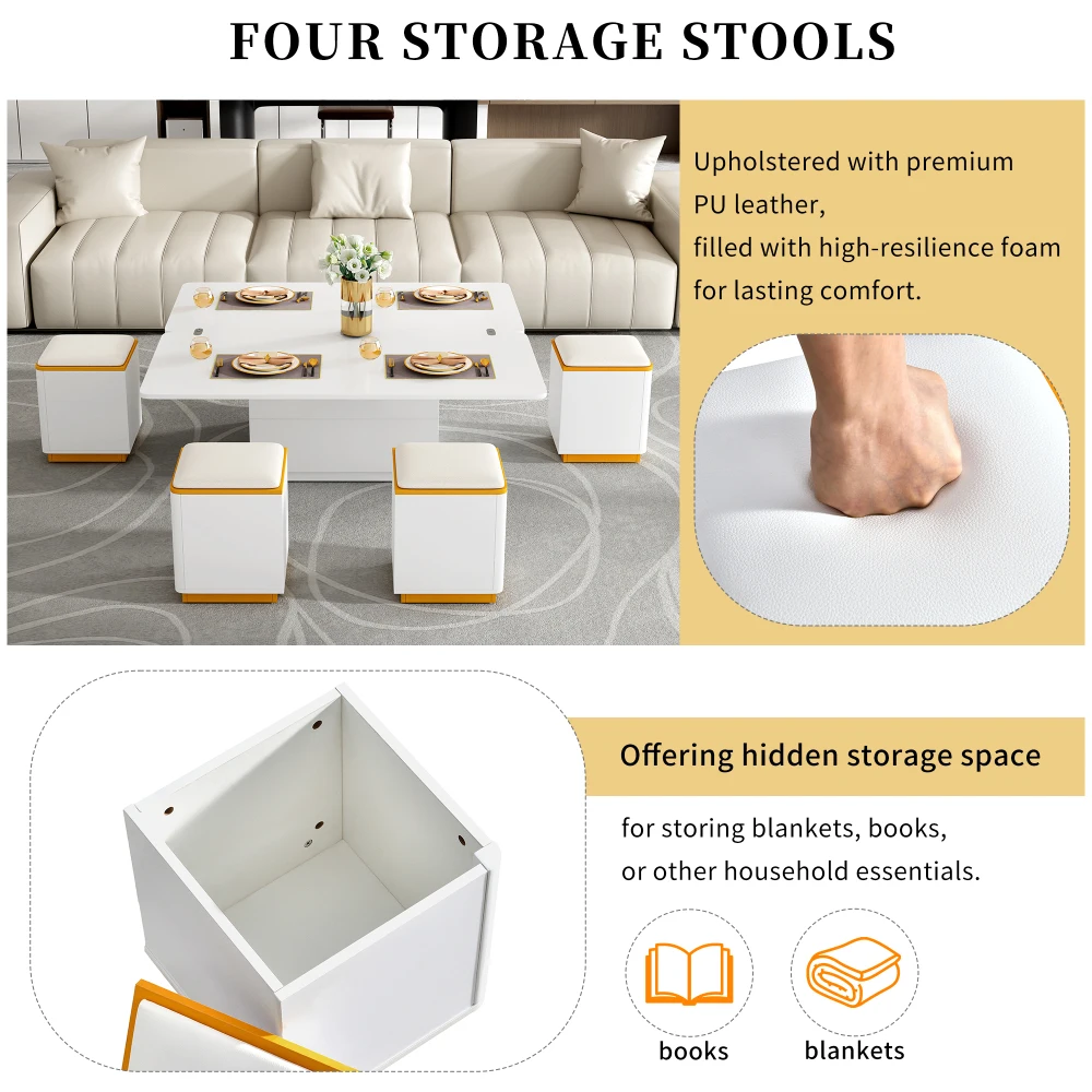 U-Can Lift-Top Coffee Table with 4 Storage Stools Saving Center Table Multi-Functional Adjustable Coffee Table for Living Room
