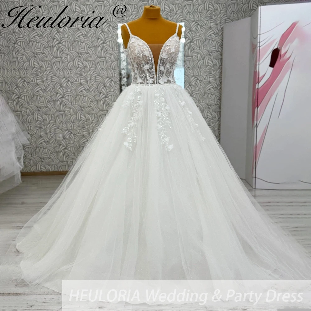 

HEULORIA elegant A line wedding dress Spaghetti Strap 3D floral lace applique bridal dress Robe De Mariee Wedding Bride Dress