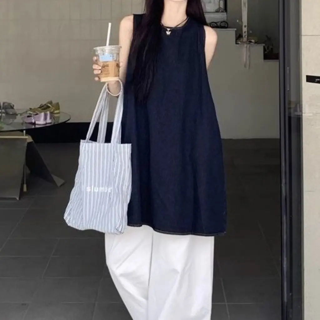 

Women's Casual Lazy Style Sleeveless round Neck Loose Dress High Waist Straight Pants Two-Piece Set Summer Wide Leg Pants