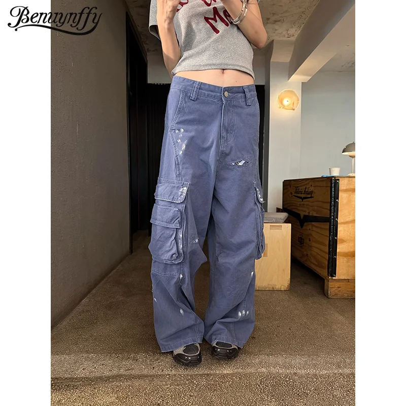 Benuynffy American High Street Washed Cargo Denim Pants Men and Women Y2k Heavy Industry Multi-pocket Streetwear Baggy Jeans