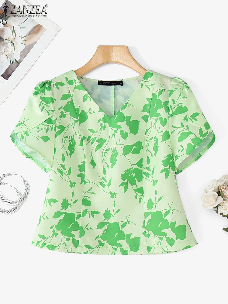 ZANZEA Camicetta estiva da donna 2025 Camicie a maniche corte a sbuffo Scollo a V Blusas casual Tunica con stampa floreale bohémien Top da spiaggia per le vacanze