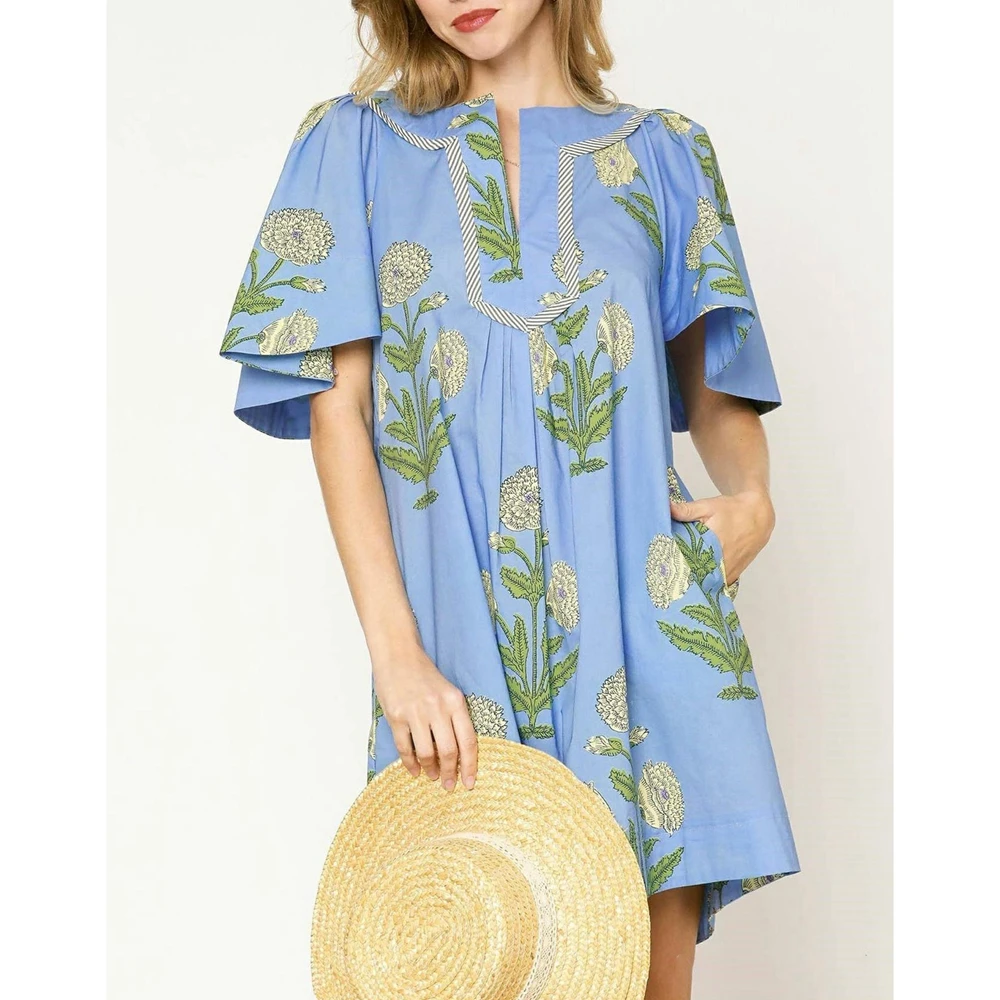 Mulheres verão bohomian beachwear estética floral impressão curta alargamento batwing manga com decote em v solto ajuste curto mini vestido