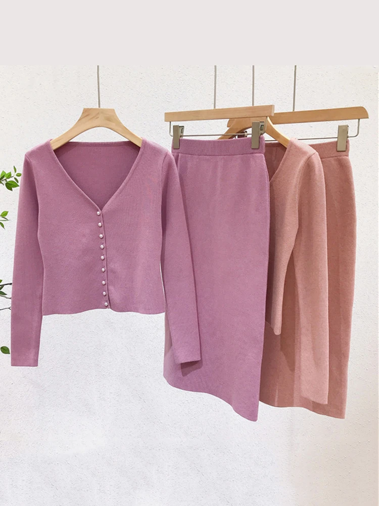 Women Knitted Two Piece Sets Sexy Long Sleeve Sweater Cardigan And High Waist Pencil Skirt Suits C-115