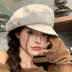 Japanese Minimalist Style Newsboy Berets Caps for Women 2024 Spring and Summer New Retro Short Brim Octagonal Men's Hats