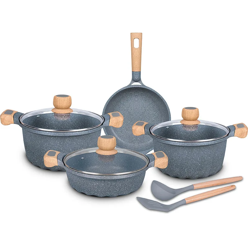 French 9-piece pot set, household, non-stick, flat bottom, steamer, soup pot, induction cooker open flame universal, casserole