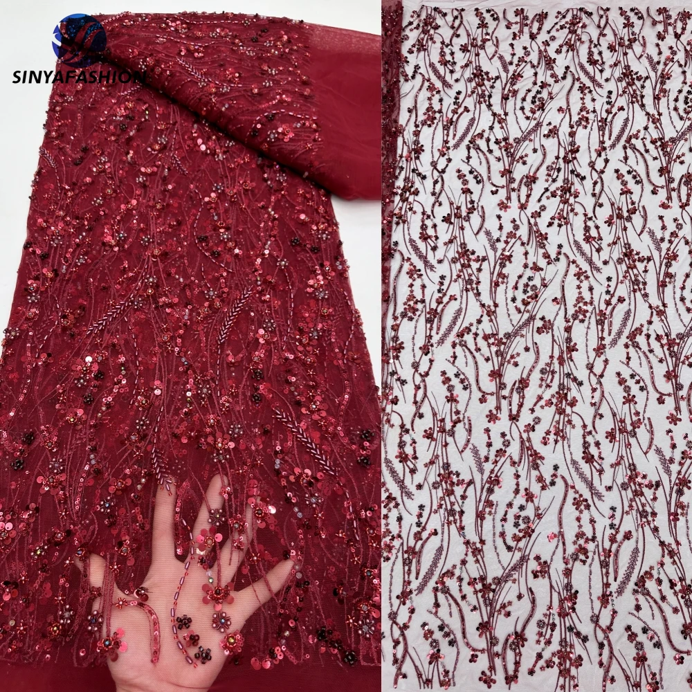 Sinya Burgundy Wine African Nigerian Pearls Sequins Lace Fabric 2024 High Quality French Wedding Bridal Luxury Beaded Lace