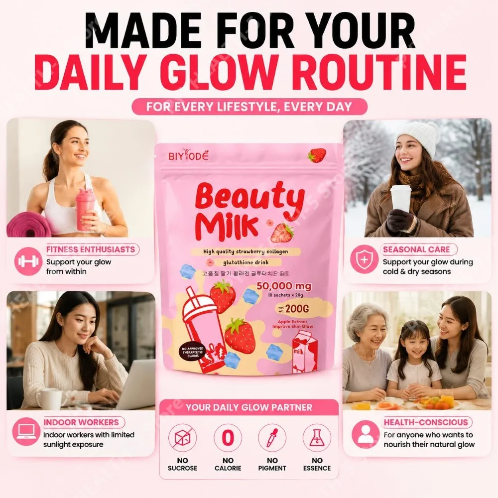 BIYODE Beauty Milk Strawberry Collagen Glutathione Powder Sachets Skin Glow Support with Vitamin D and Calcium, 10 Sachets