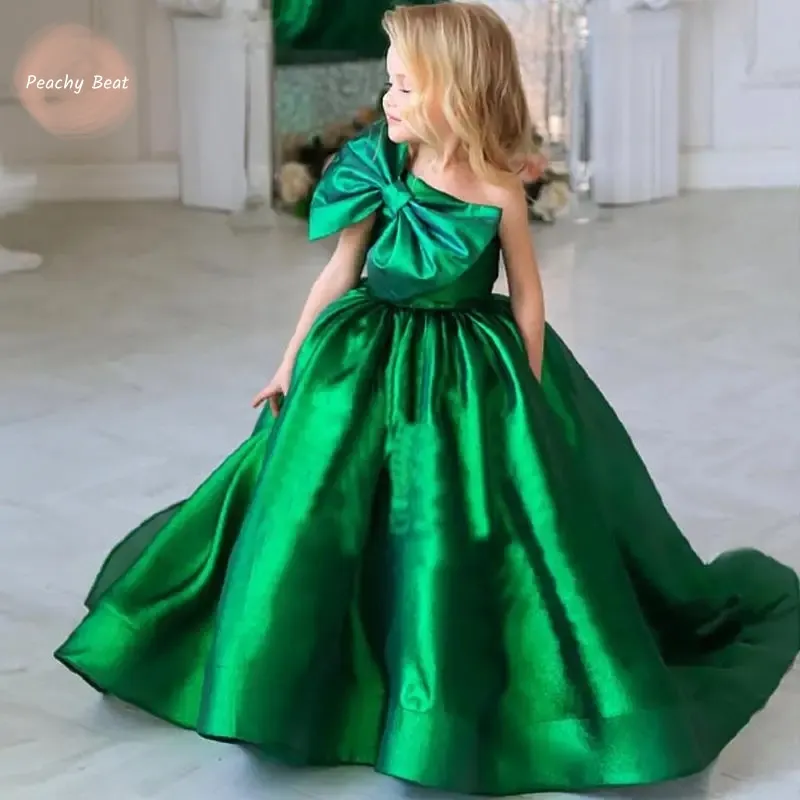 Fashion Baby Girl Princess Bow One Shoulder Long Dress Infant Toddler Retro Vestido Wedding Party Birthday Ball Gown 2-10Y