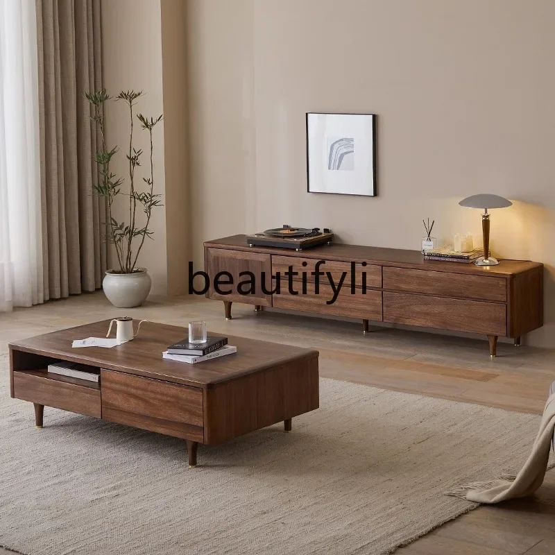 G Walnut TV cabinet coffee table combination modern simple floor cabinet living room medium and ancient wind power