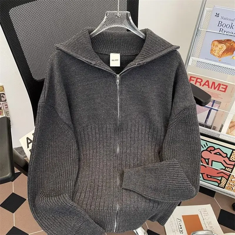 

Вязаный свитер на молнии с высоким воротником, свободный крой, ретро, американский ленивый вязаный открытый кардиган, длинное пальто све