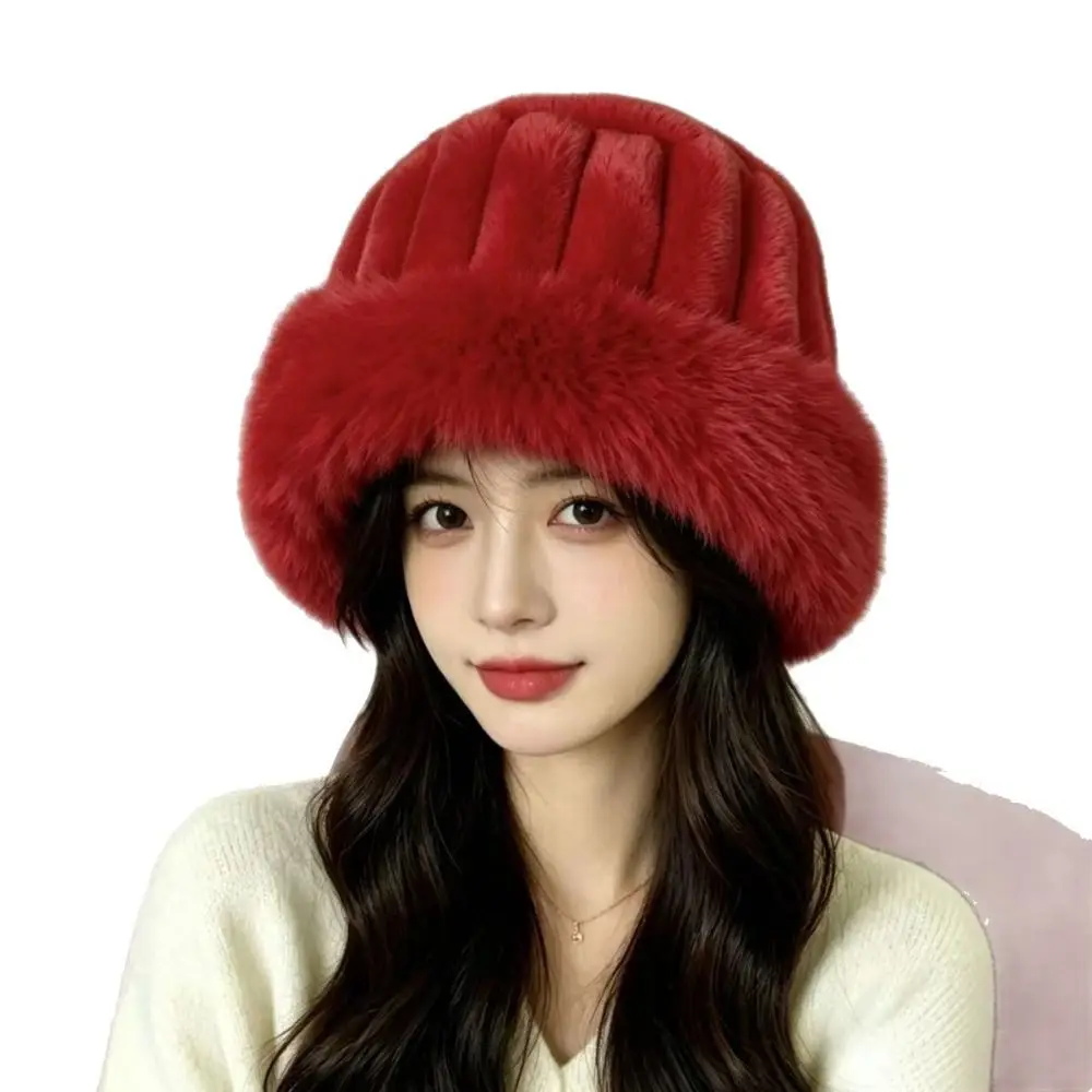 New Faux Fur Faux Fur Bucket Hat Wide Brim Ribbed Crown Winter Bucket Hat Warm Soft Texture Cloche Cap Winter Wear