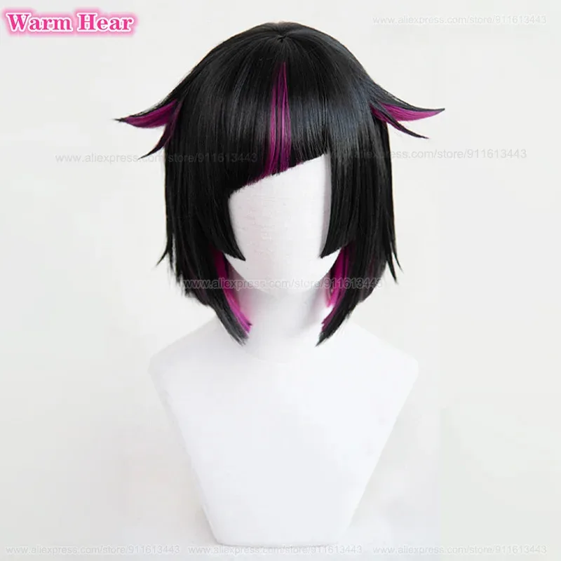 在庫あり リリア・ヴァンルージュ コスプレウィッグ アニメ ショート 30cm ブラック ハイライト パープル ウィッグと歯付き 耐熱性合成パーティーウィッグ
